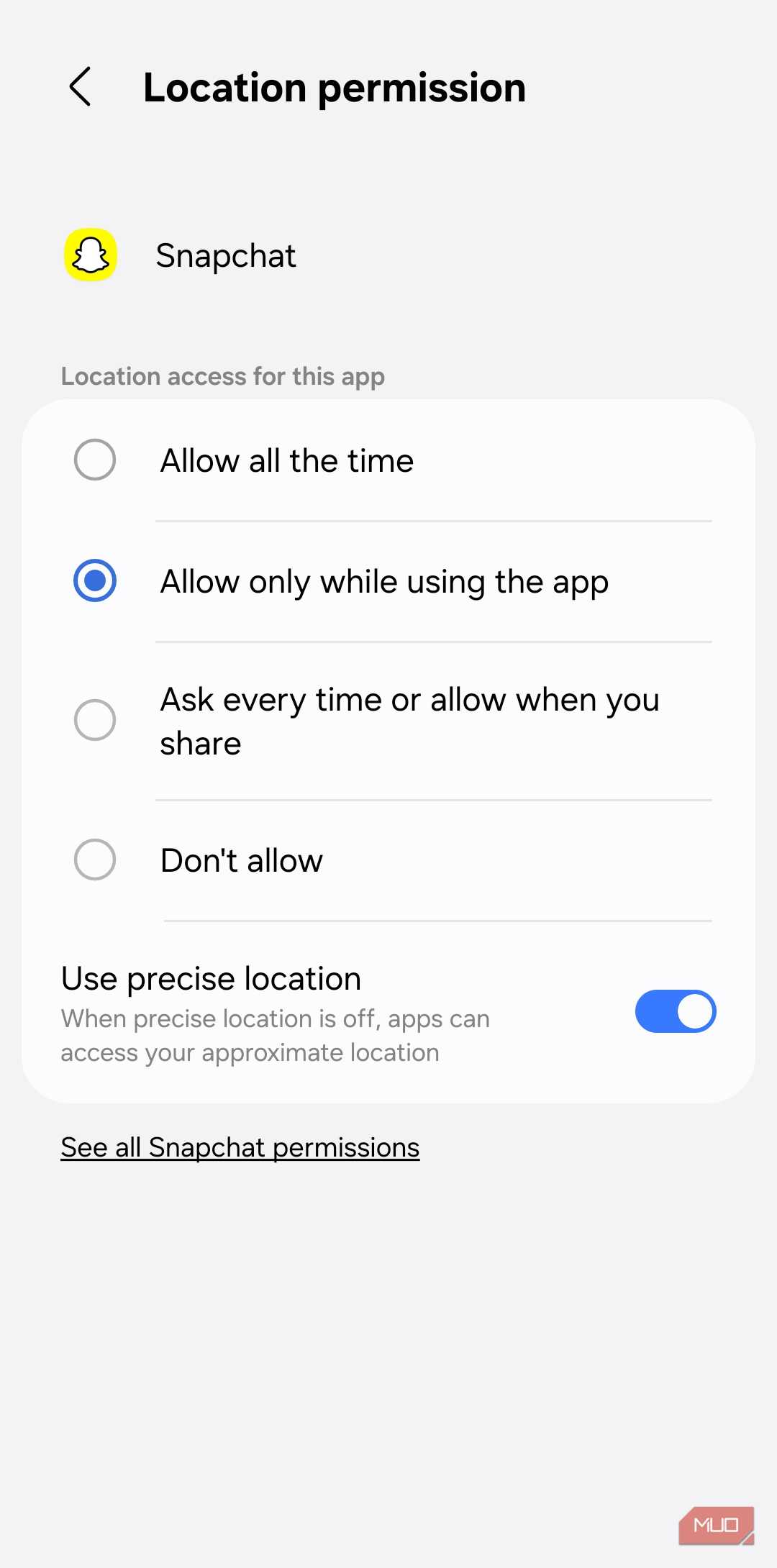 Location permissions menu on Android