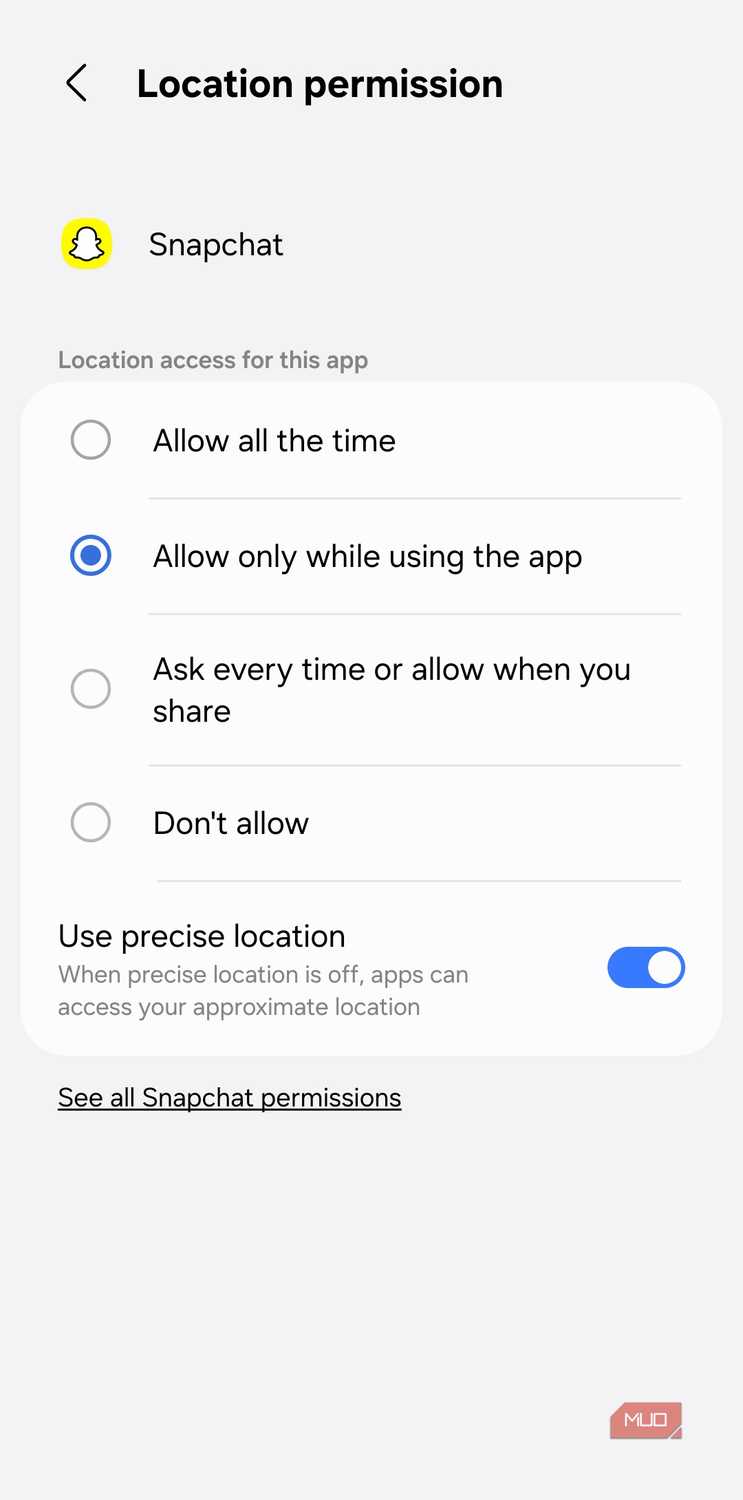 Location permissions menu on Android