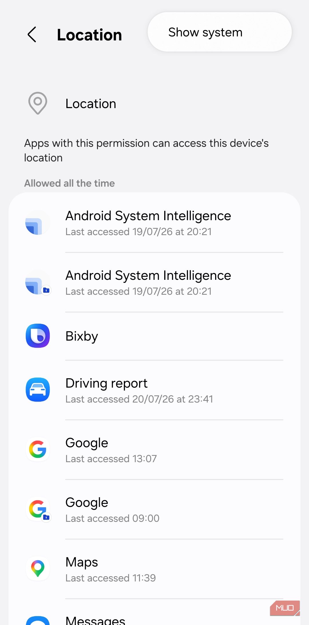 Location permissions menu on Samsung phone