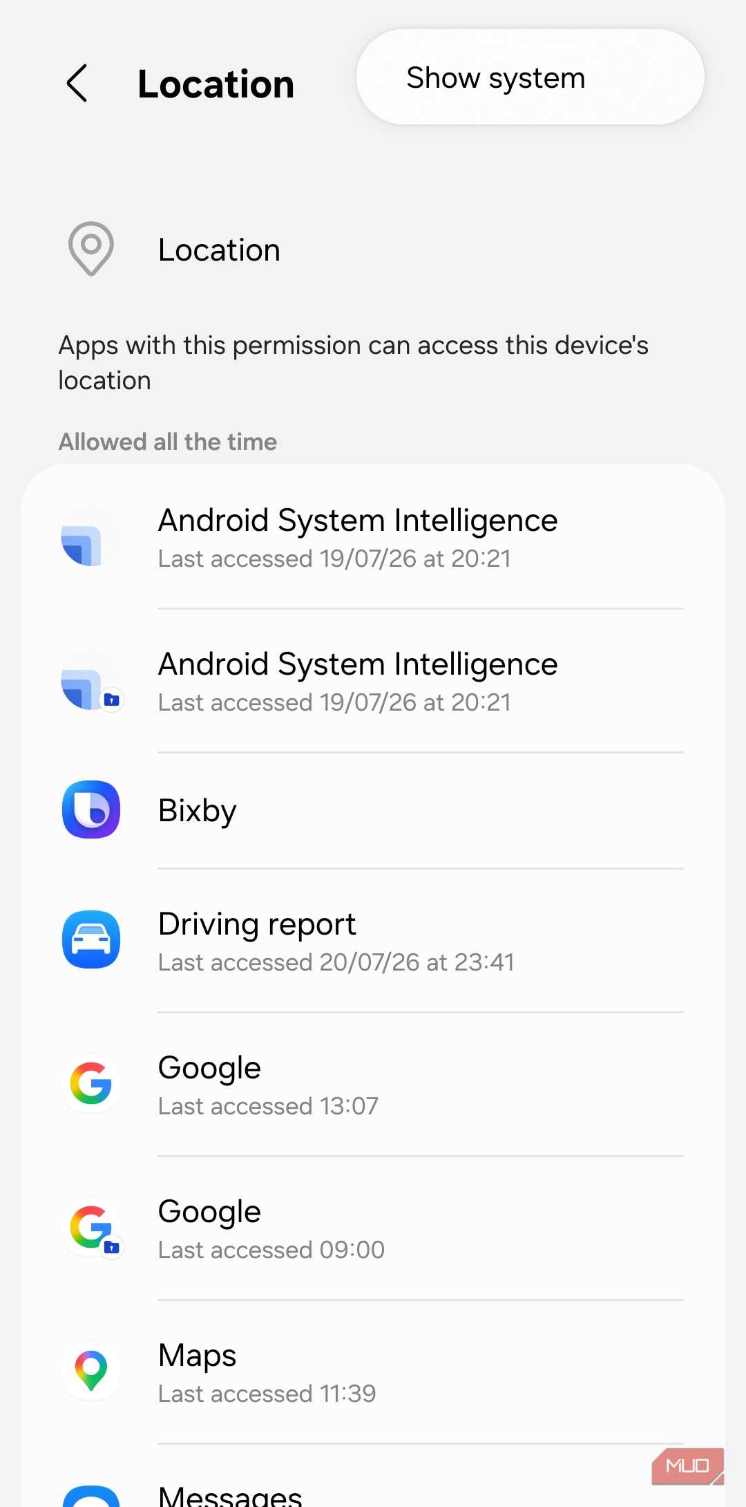 Location permissions menu on Samsung phone