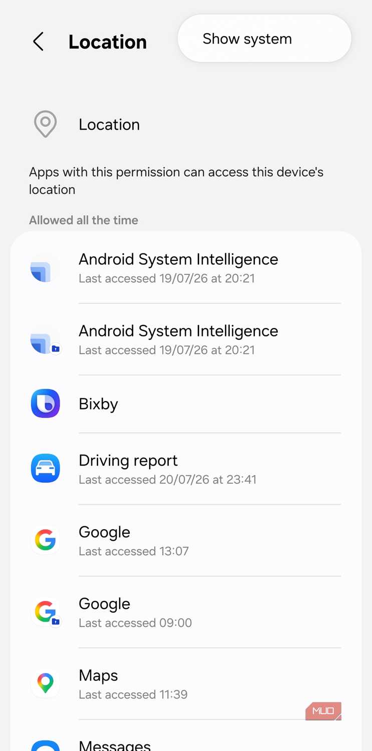 Location permissions menu on Samsung phone
