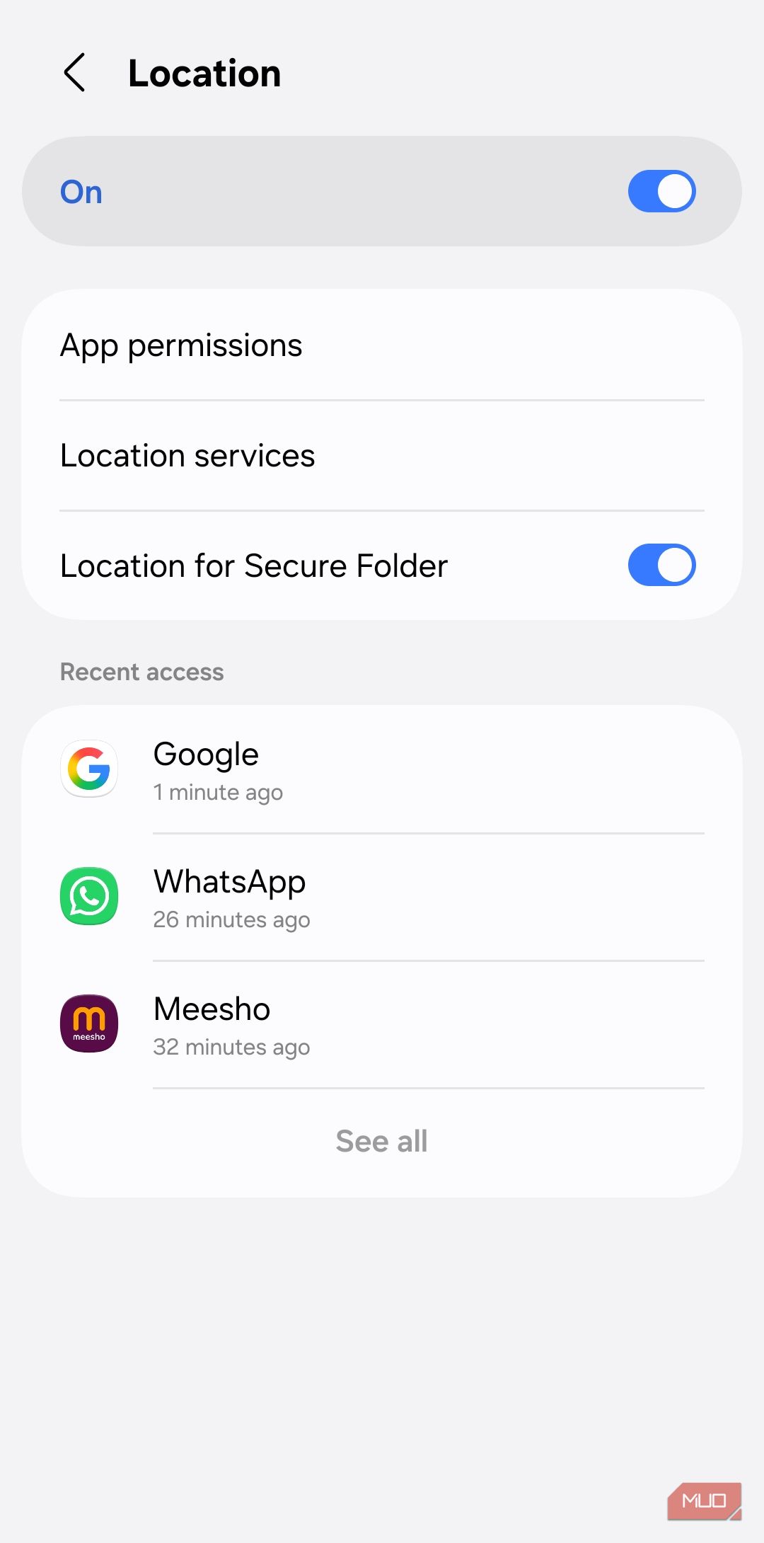 Location settings menu on Android phone