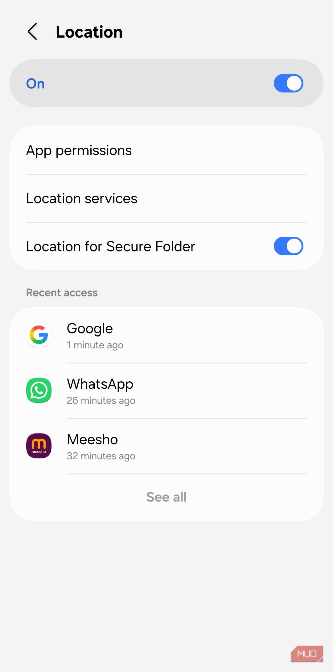 Location settings menu on Android phone