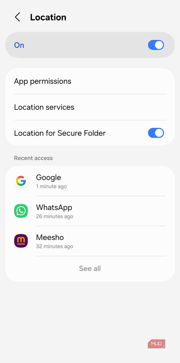 Location settings menu on Android phone