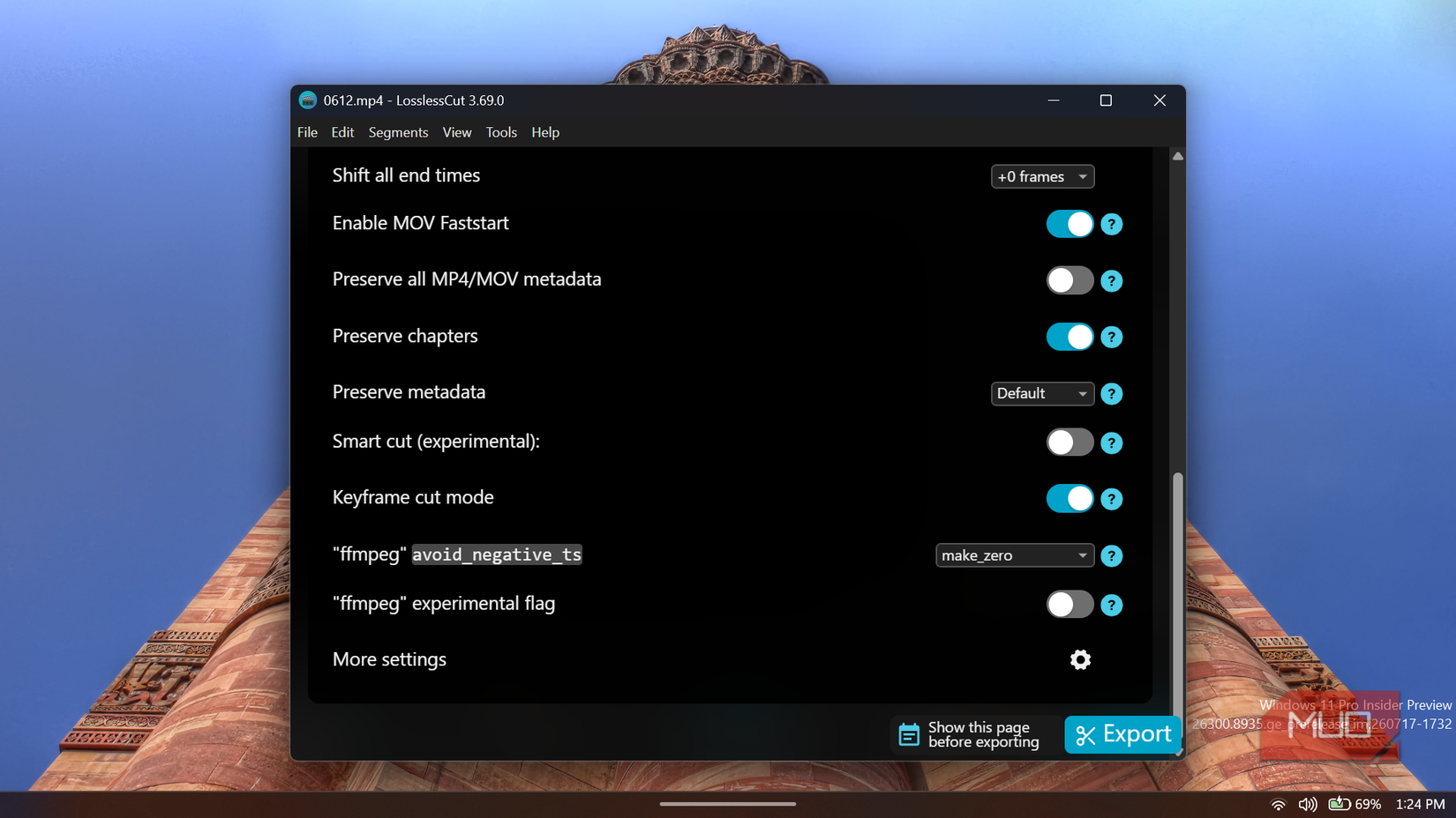 LosslessCut application settings menu with various options