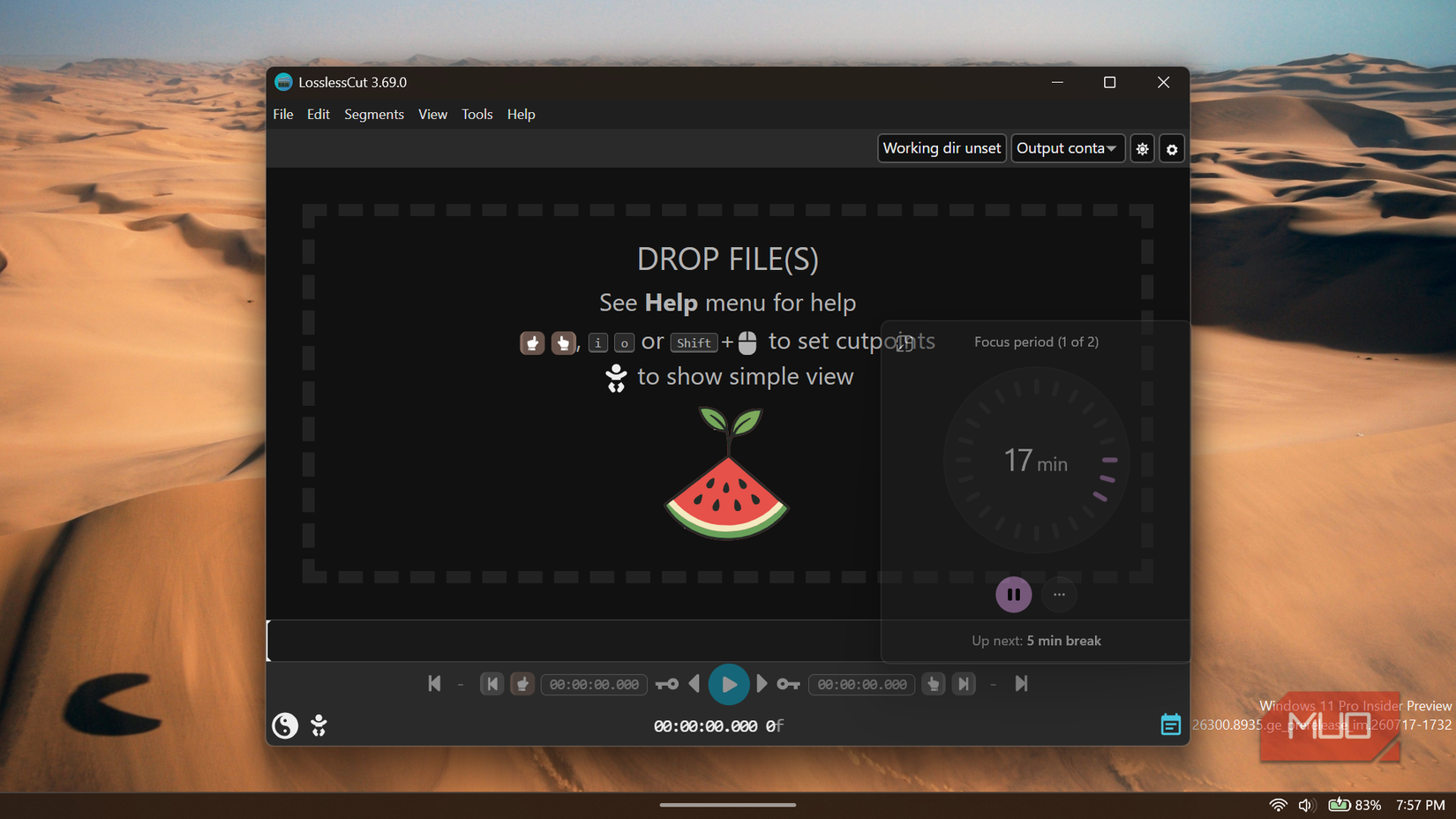 LosslessCut video editor application with open window