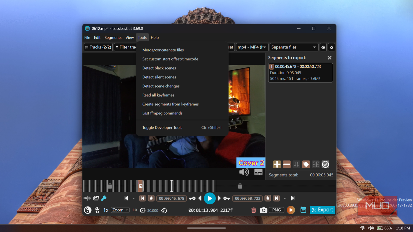 LosslessCut video editor application with tools menu open