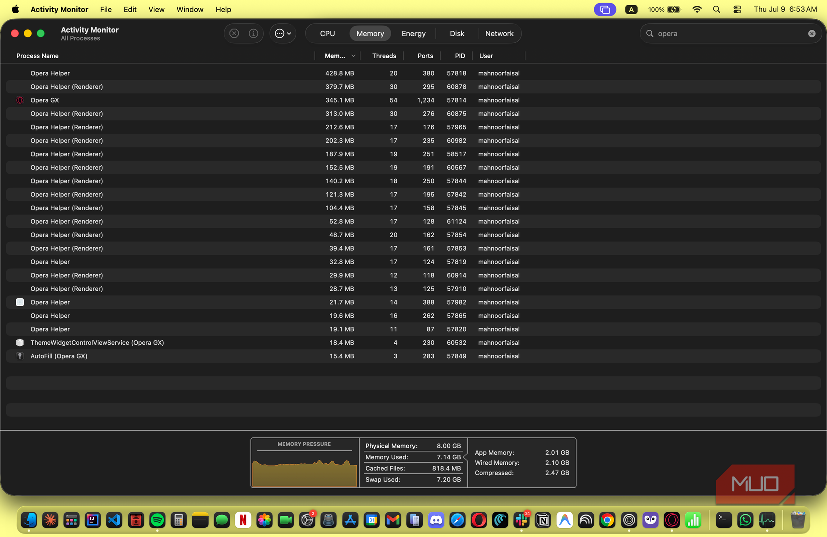 macOS Activity Monitor Memory tab listing many Opera Helper processes