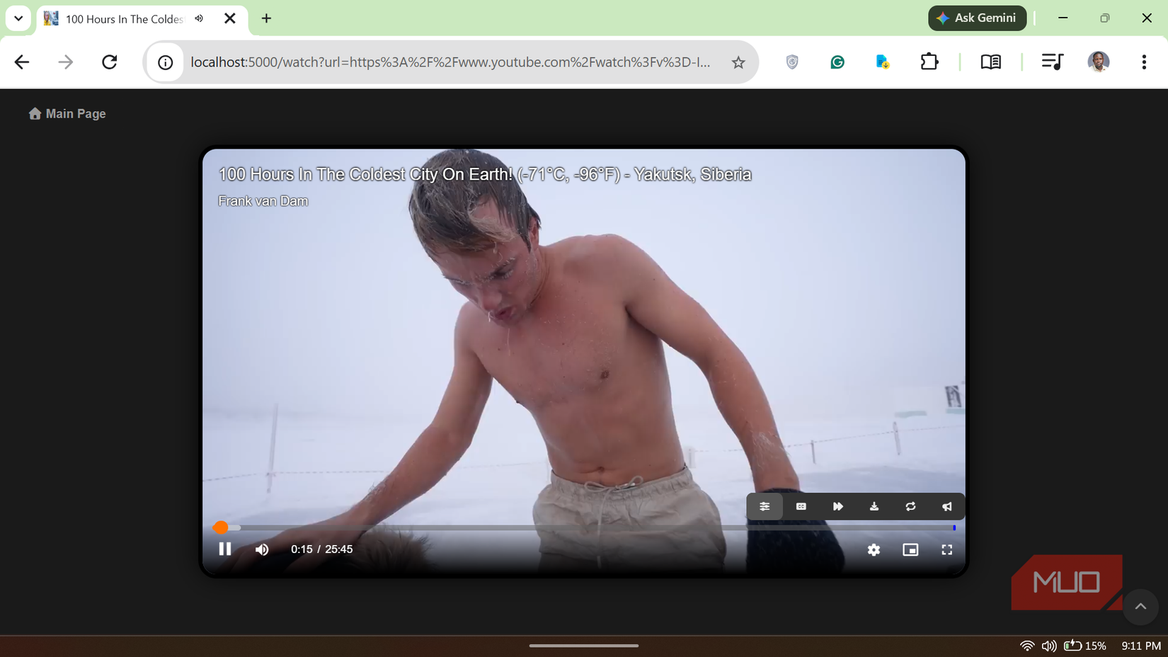 Man shirtless in the snowy Siberian cold.