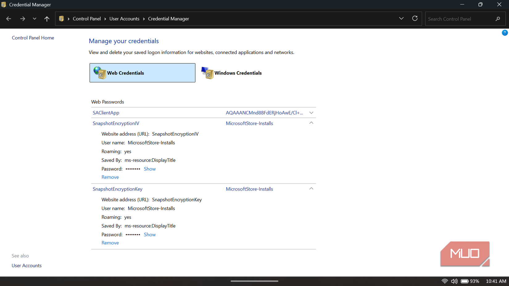 Managing web credentials in Windows Control Panel