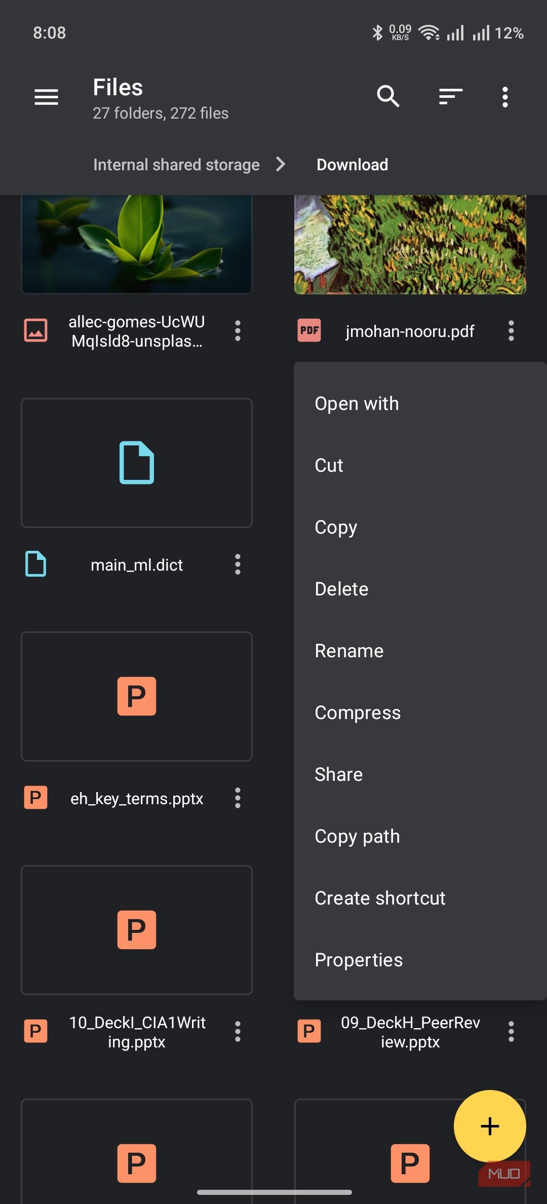 material files showing the contextual menu options