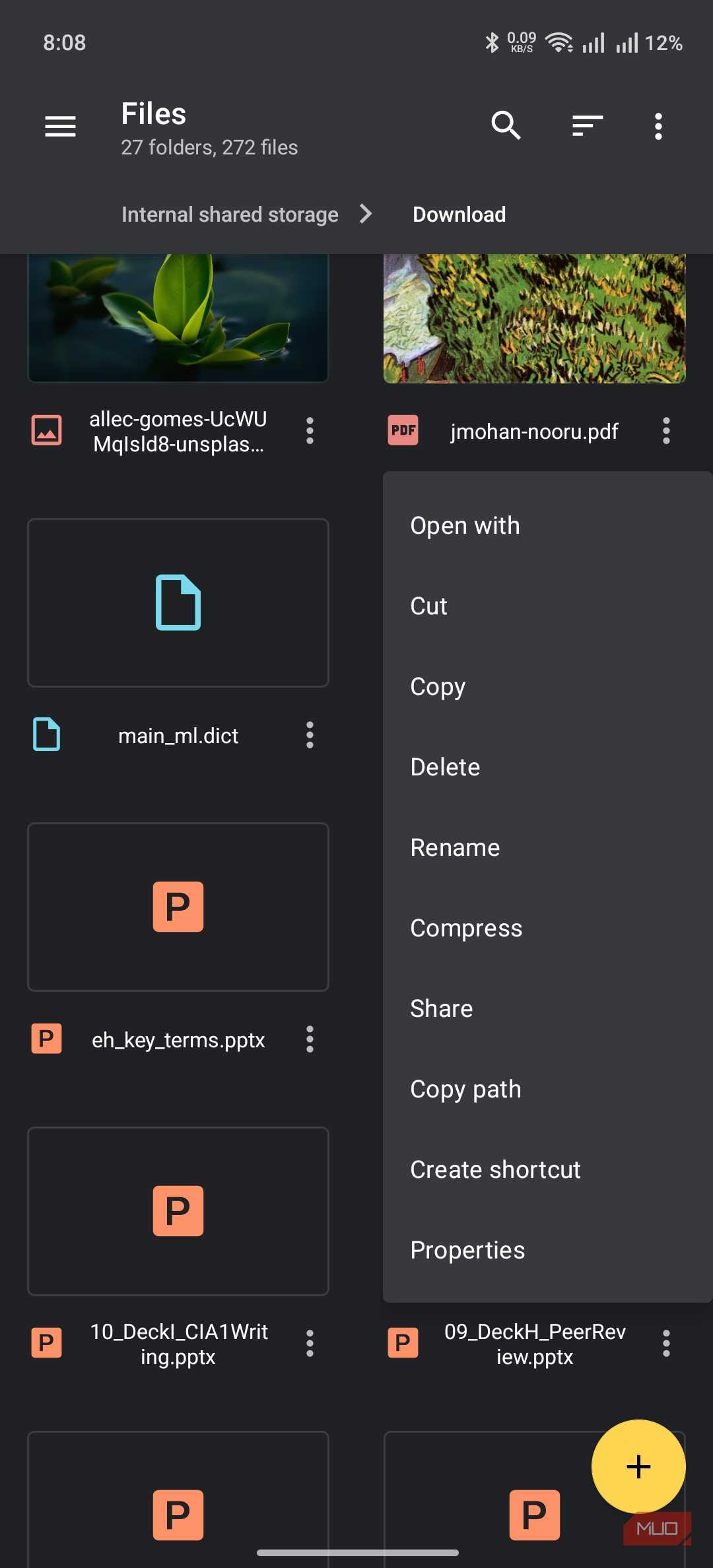 material files showing the contextual menu options