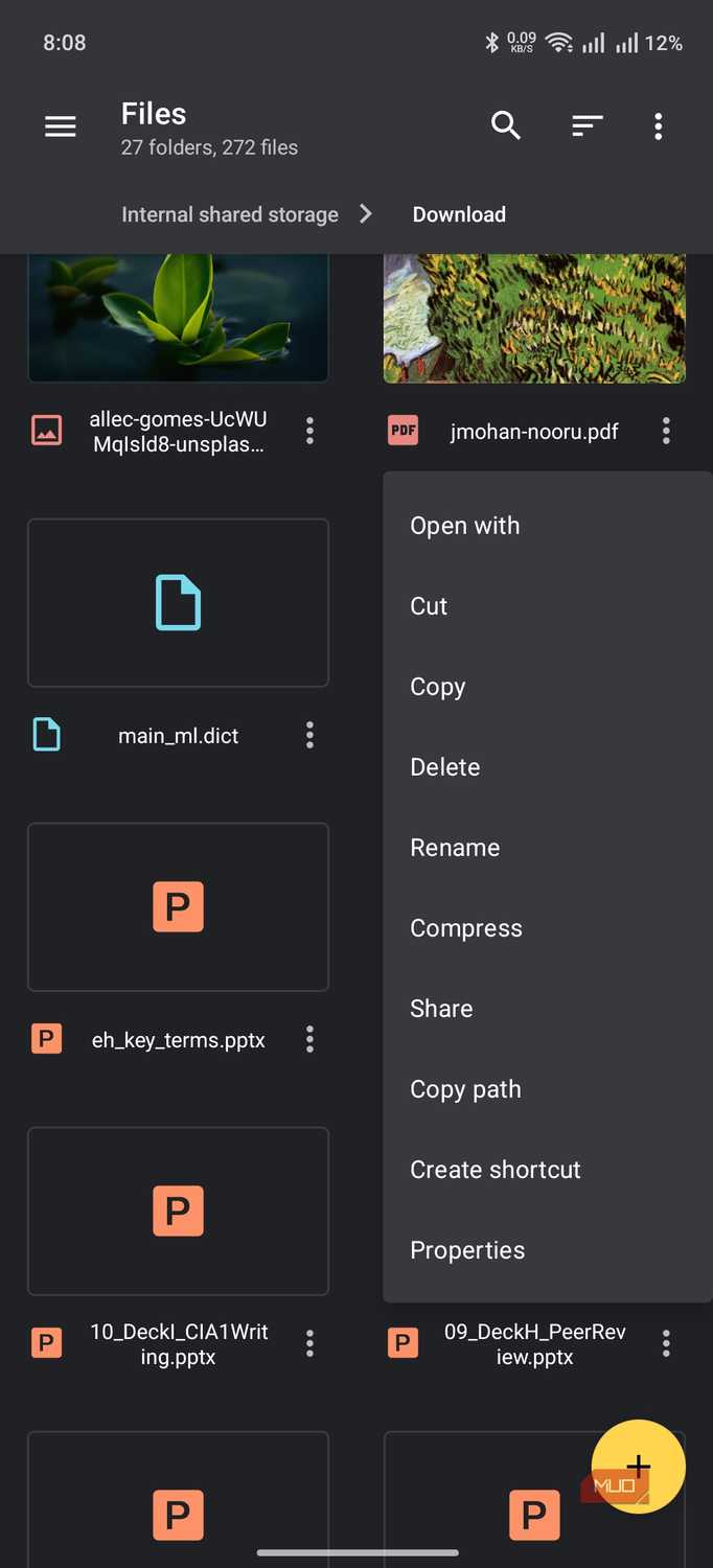material files showing the contextual menu options
