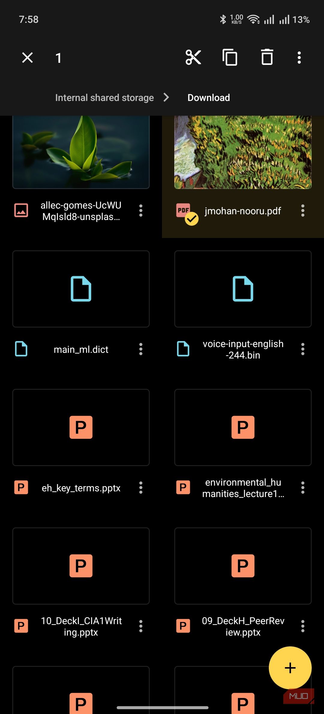 material files showing the options on file selection