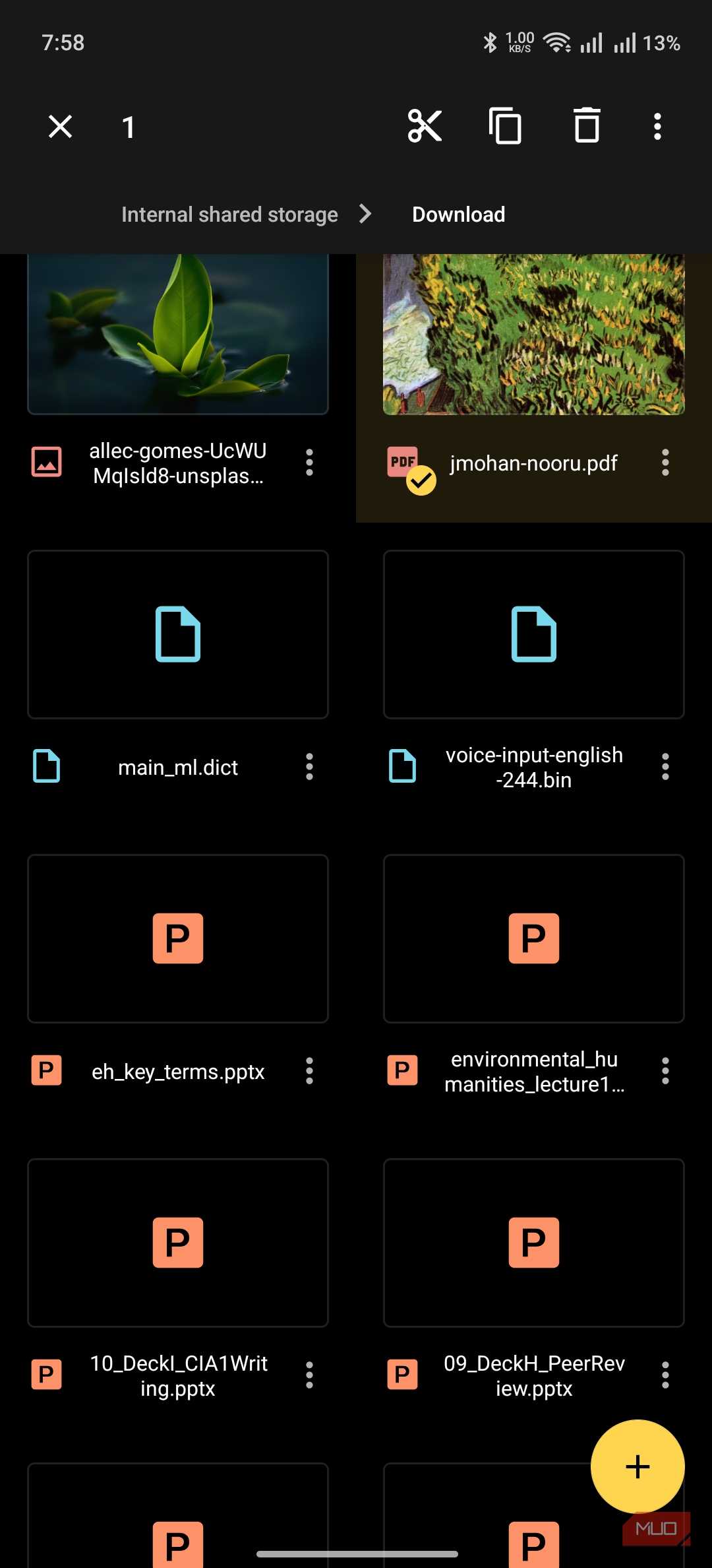 material files showing the options on file selection