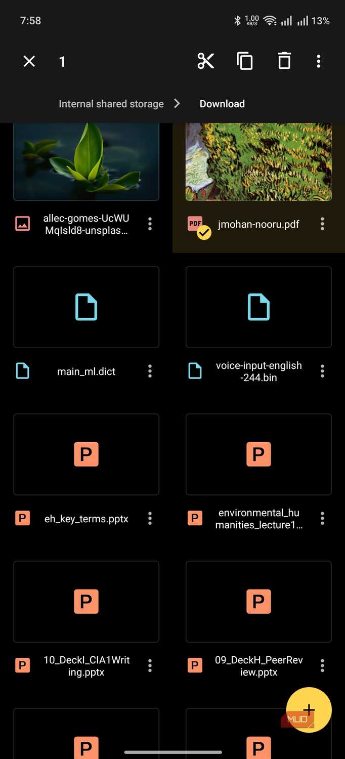 material files showing the options on file selection