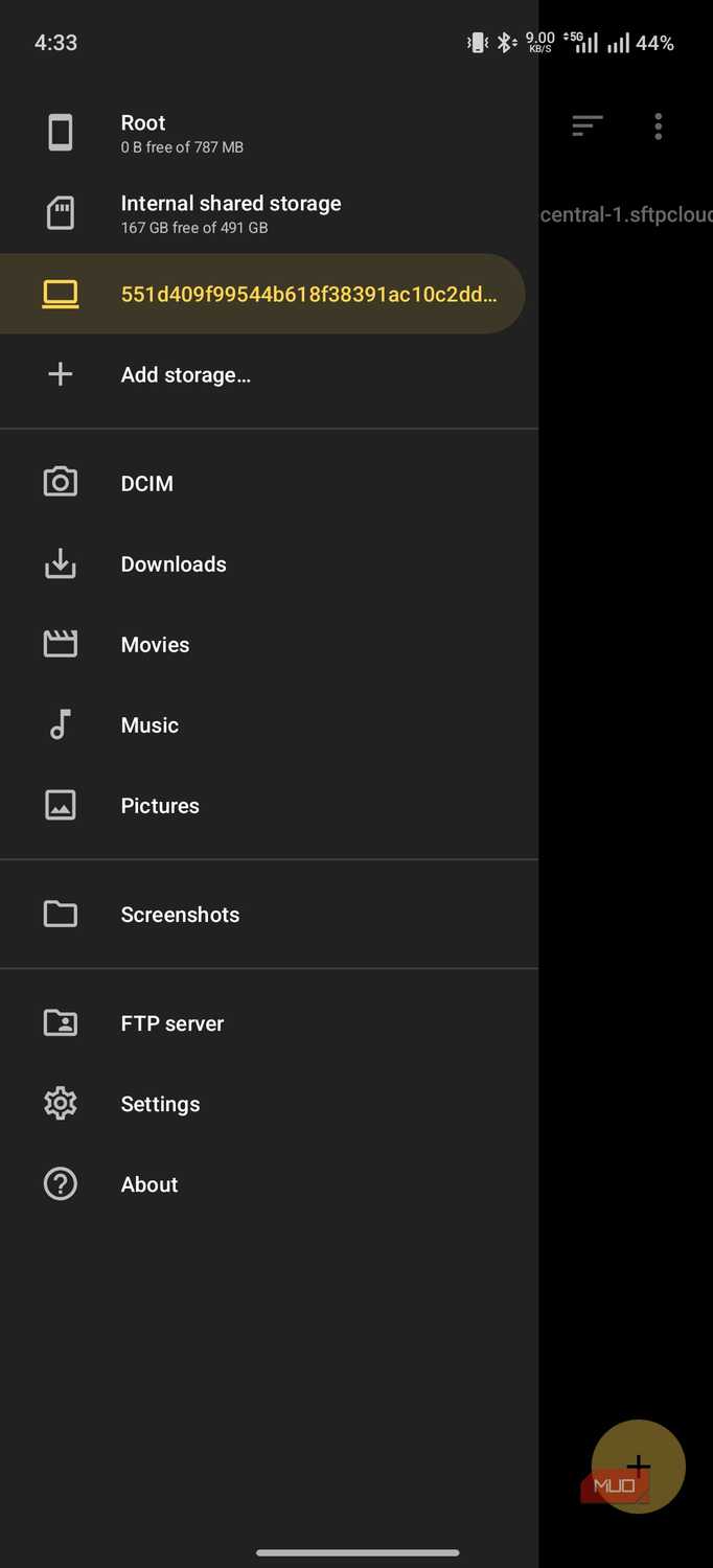 material files showing the remote server access option