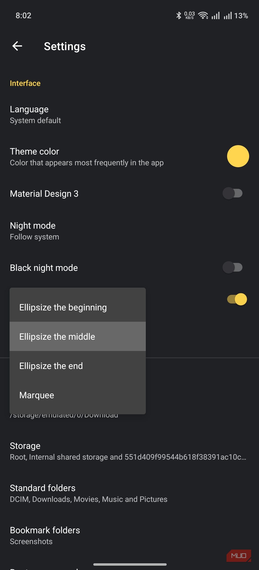 material files showing the option to customize lengthy names