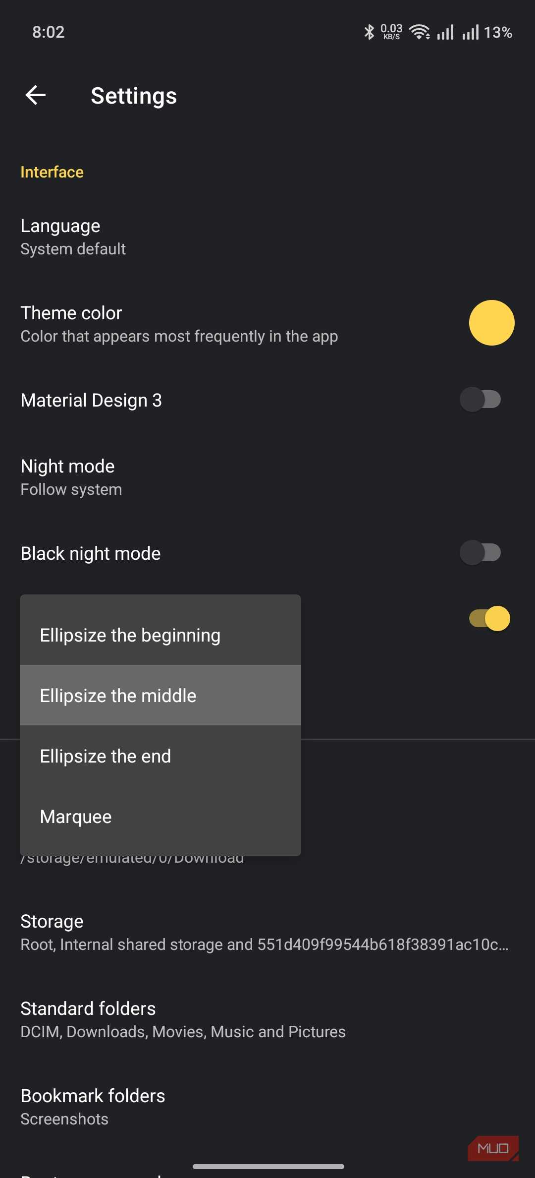 material files showing the option to customize lengthy names
