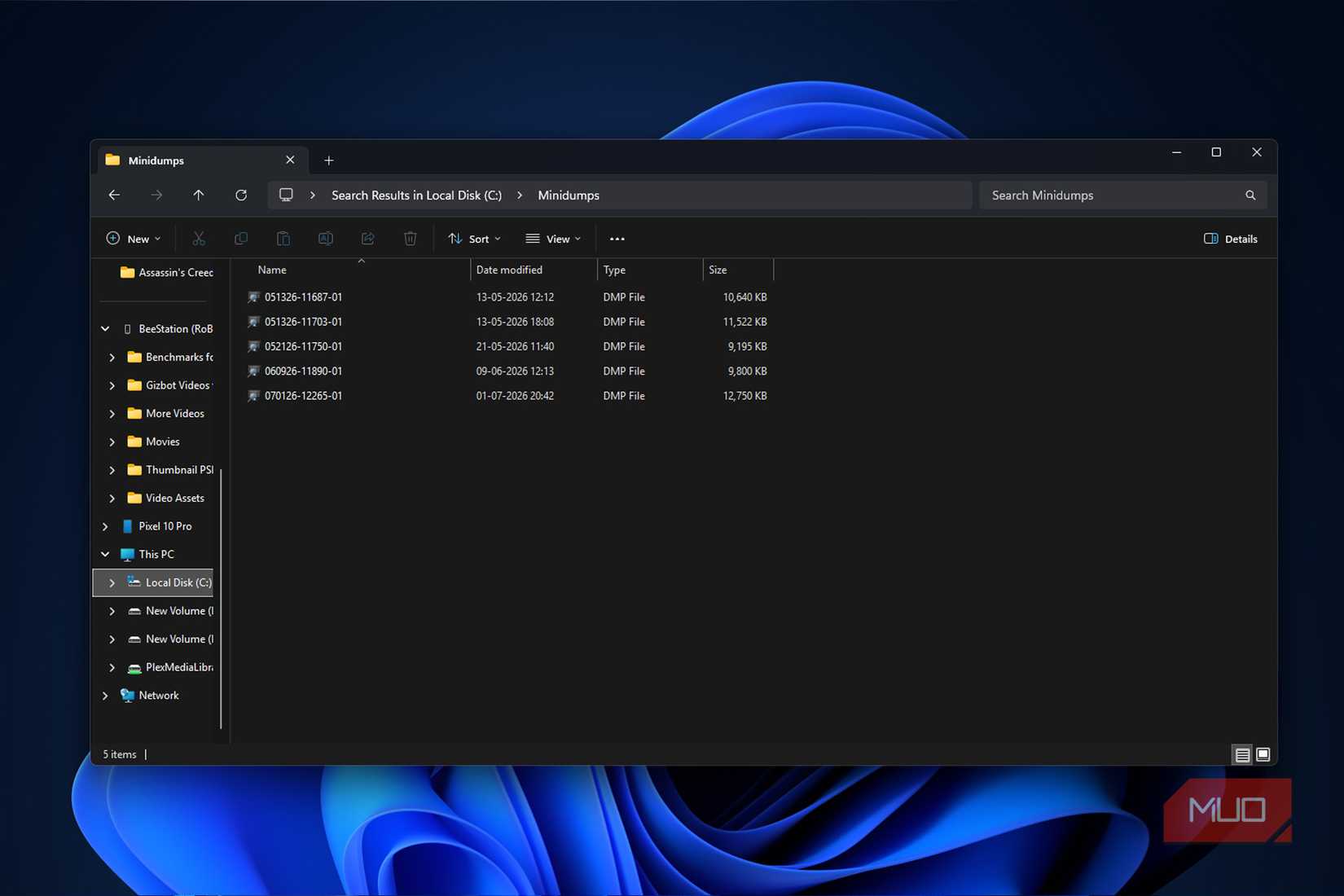 Minidump folder in the C drive on WIndows 11
