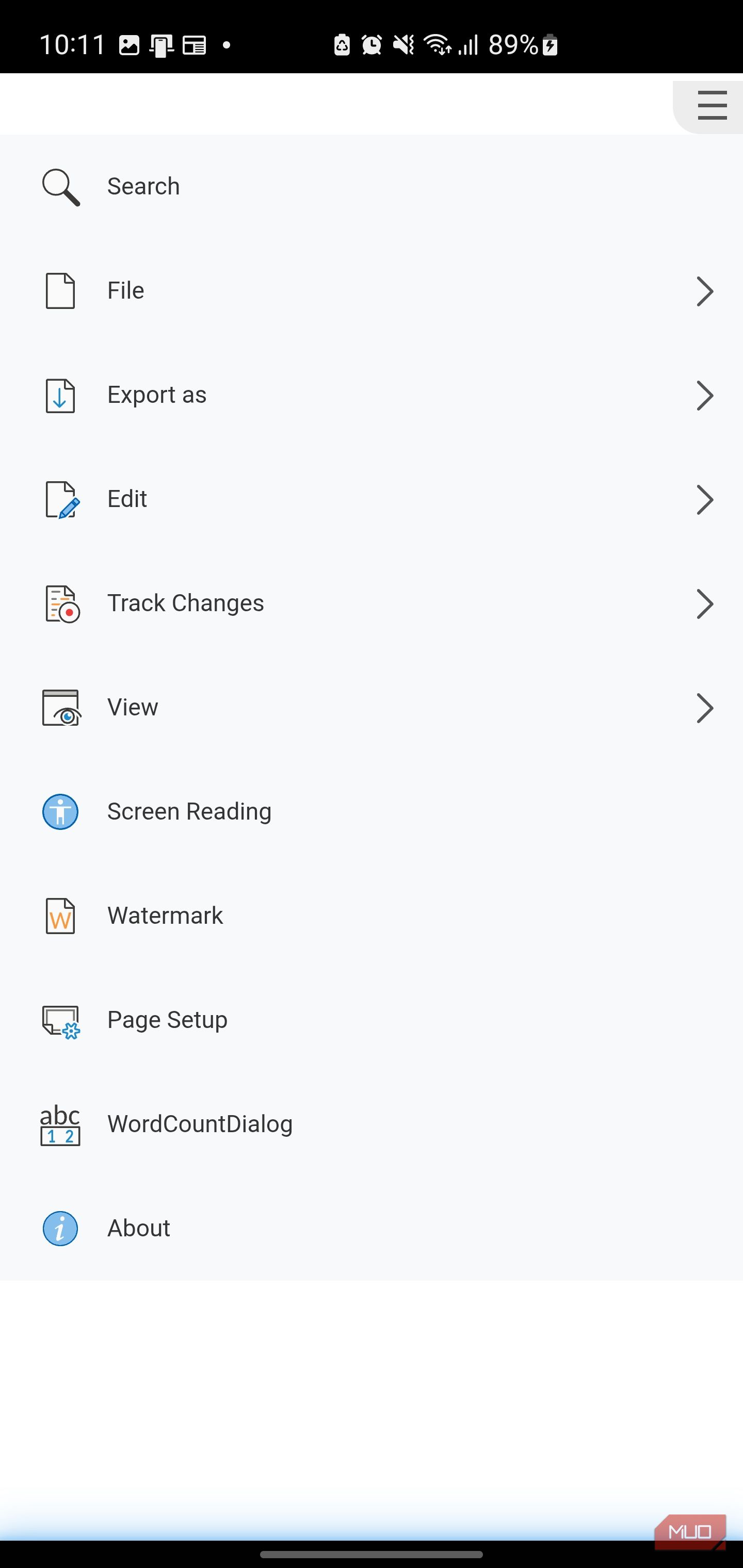 Mobile document editing app menu with options
