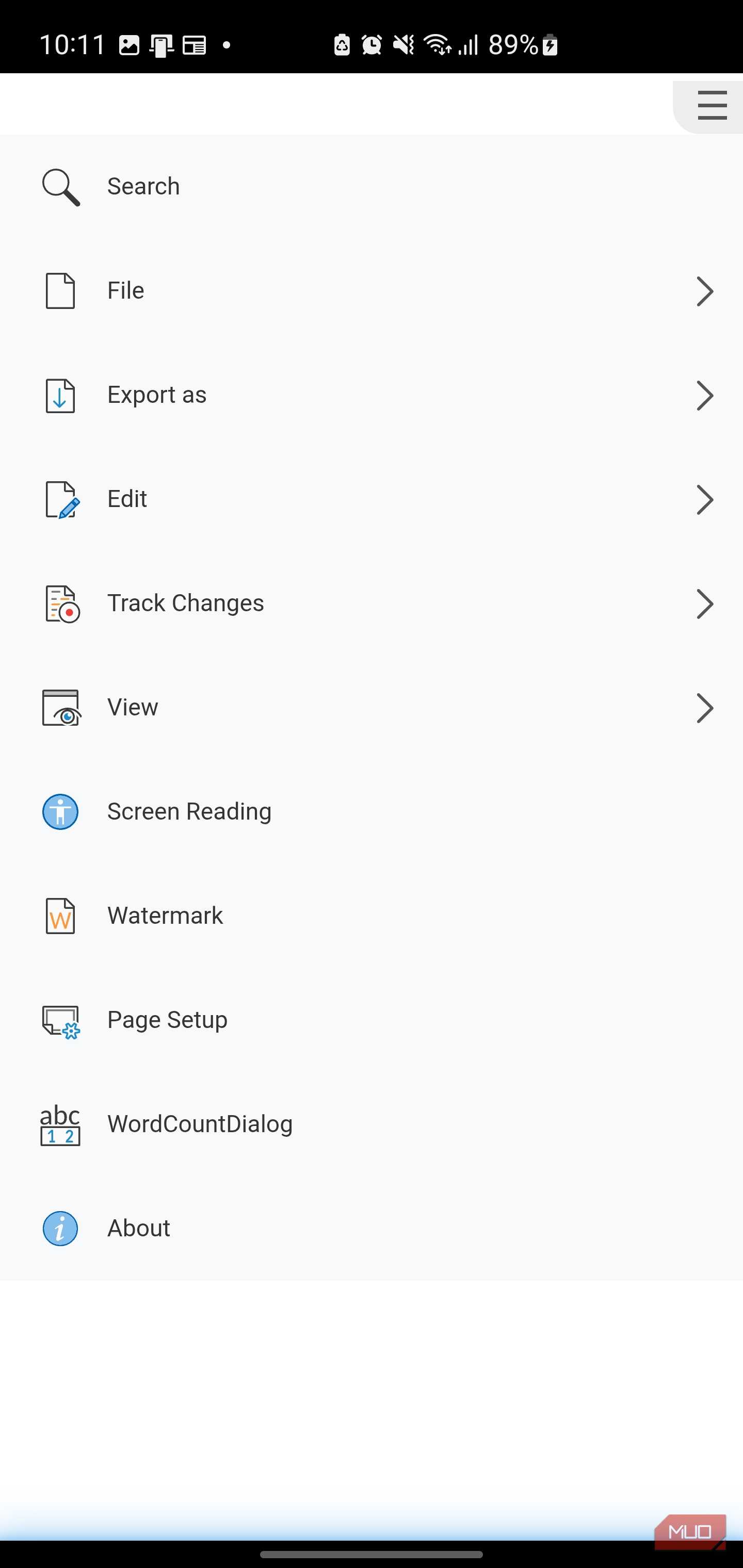 Mobile document editing app menu with options