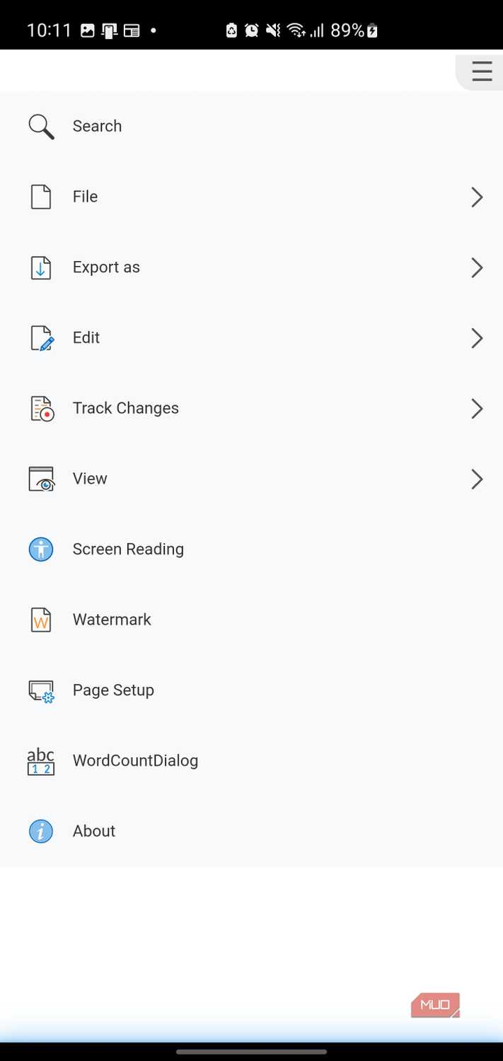 Mobile document editing app menu with options