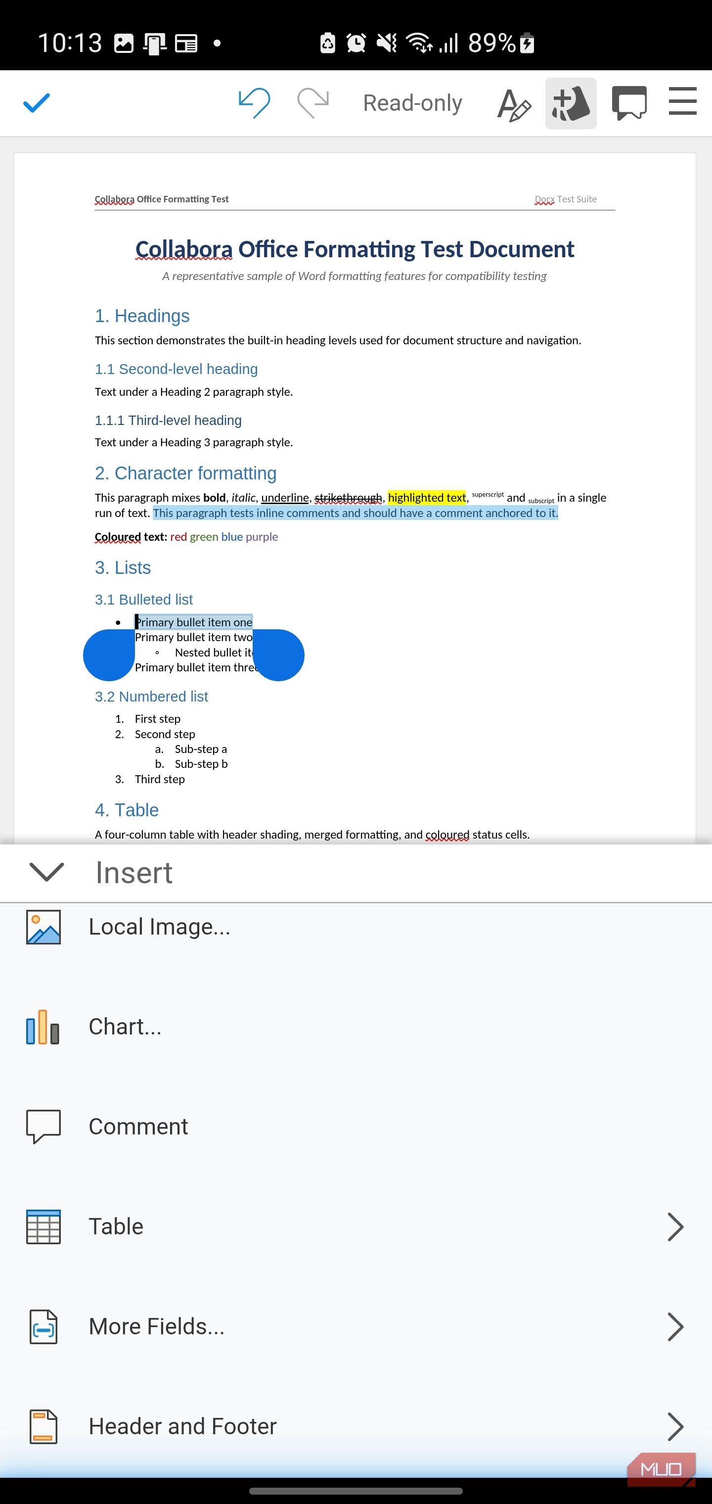 Mobile document editor showing insert menu options