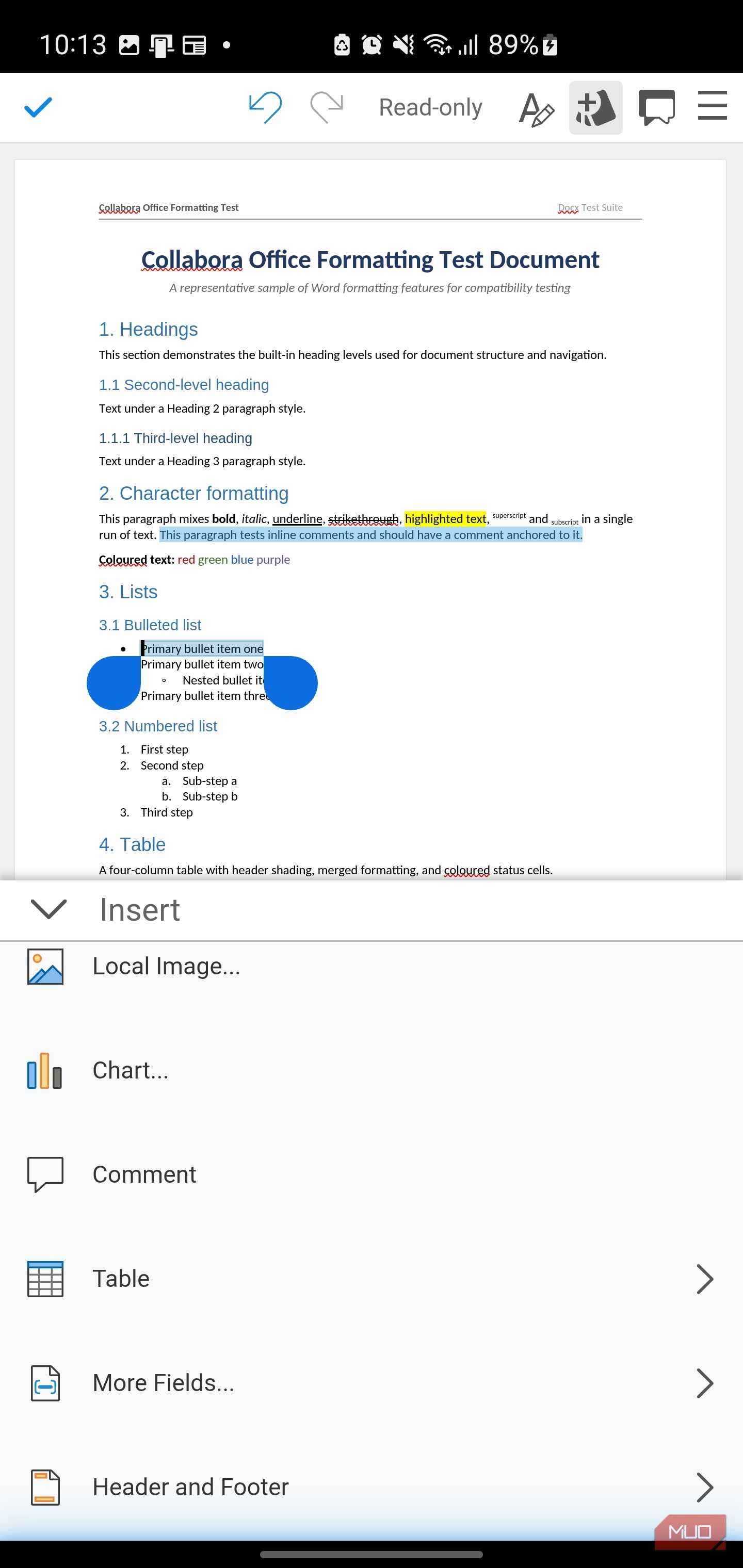 Mobile document editor showing insert menu options