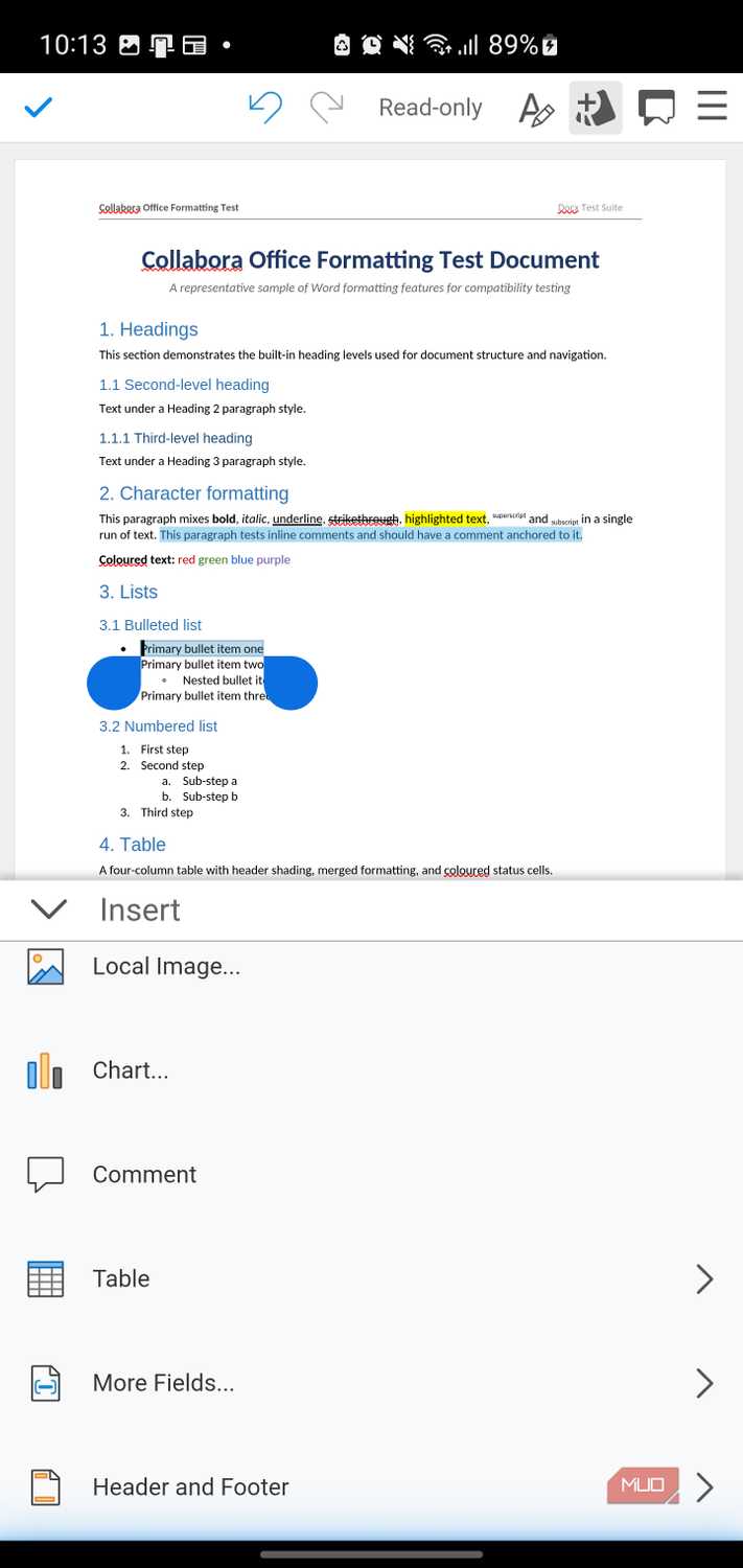 Mobile document editor showing insert menu options