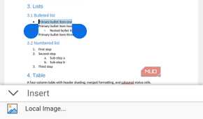 Mobile document editor showing insert menu options