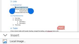 Mobile document editor showing insert menu options