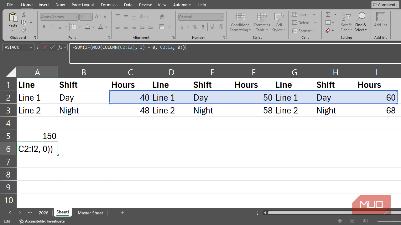 MOD in a SUM formula to select a specific column to tally in Excel.