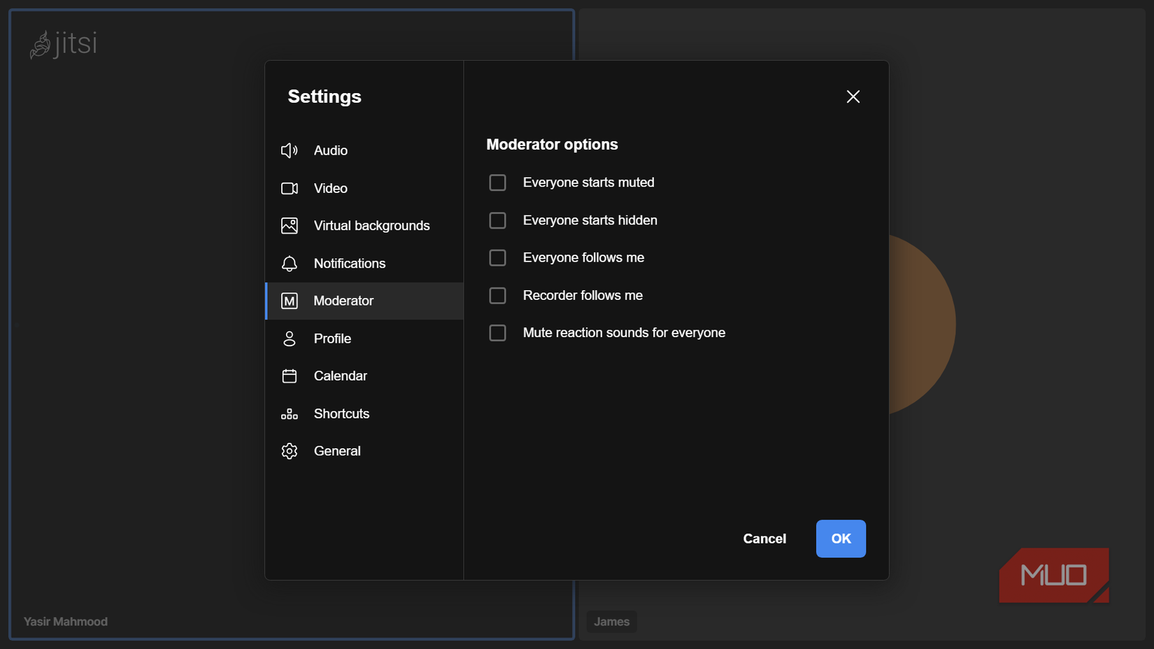 Moderator settings in Jitsi Meet.
