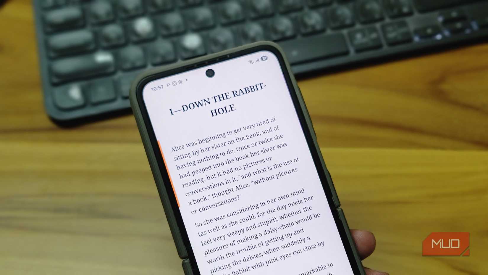 Moon+ Reader Displaying Alice In Wonderland Down The Rabbit Hole Chapter On Samsung Galaxy Z Flip 6