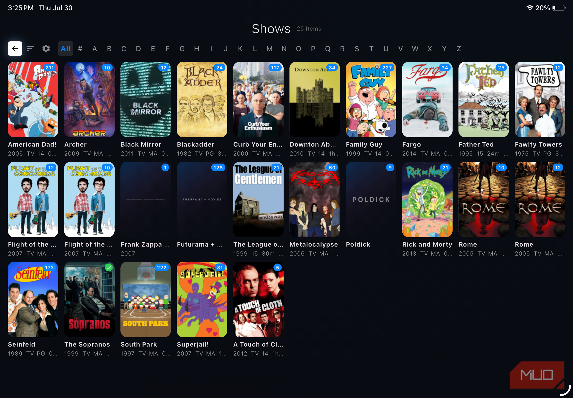 The Moonfin TV show library.