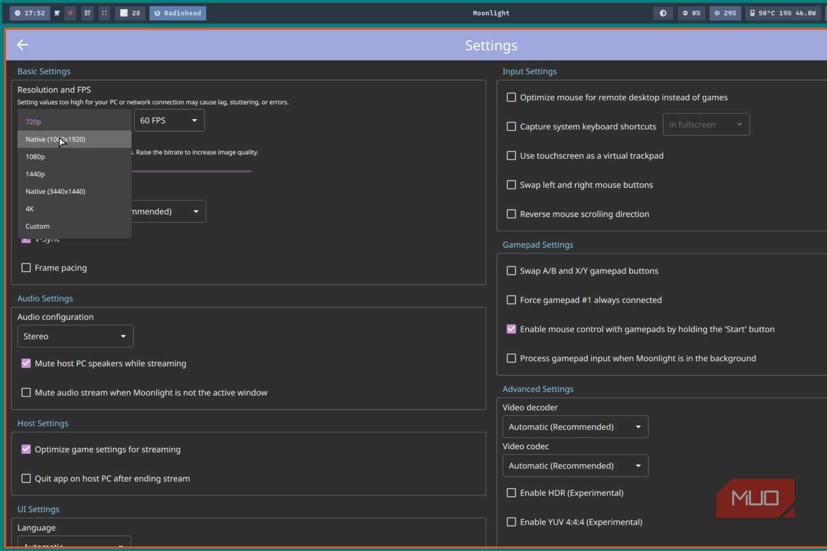 The moonlight options menu