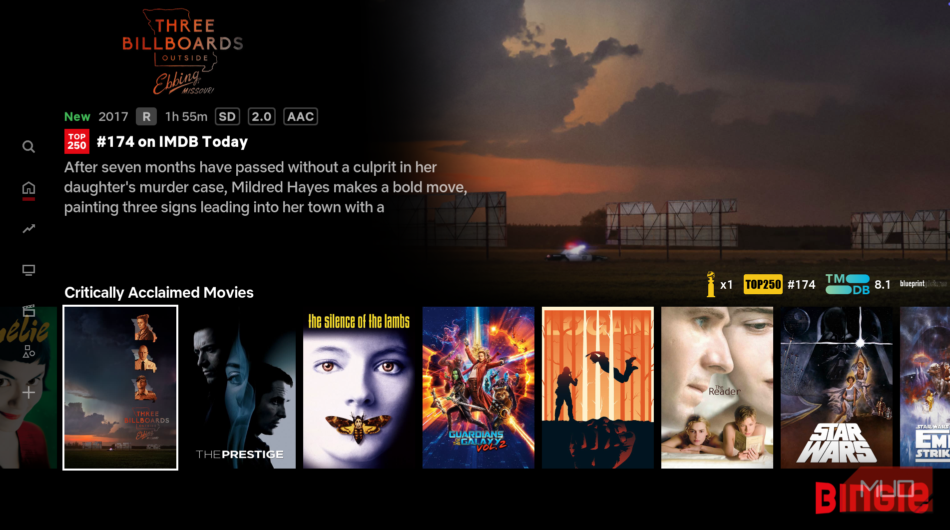 Mpvies as they appear in Kodi's Bingie skin.