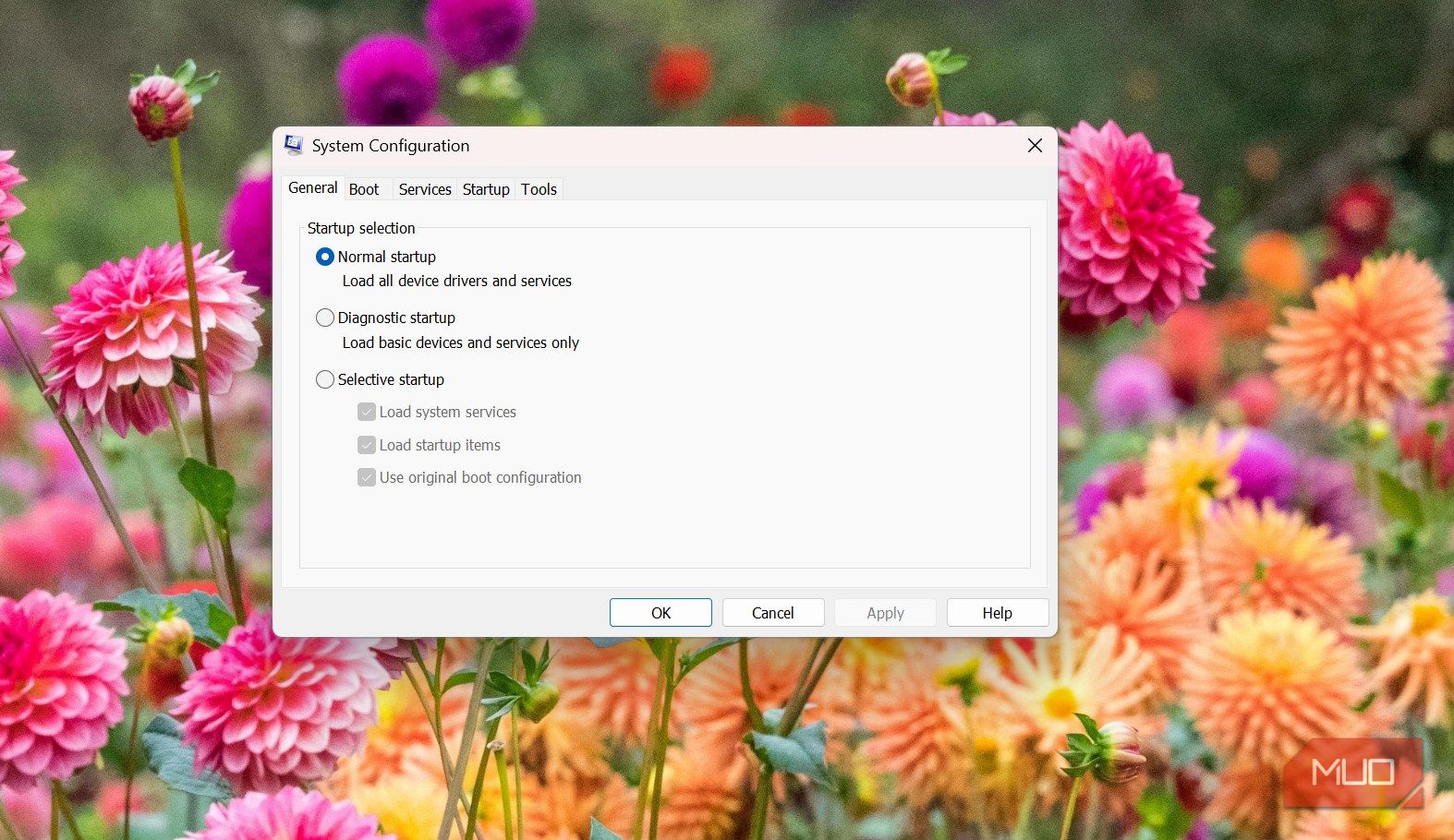 msconfig default window