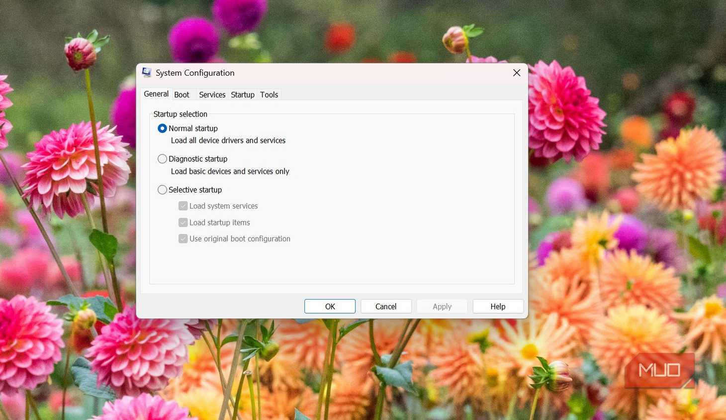 msconfig default window