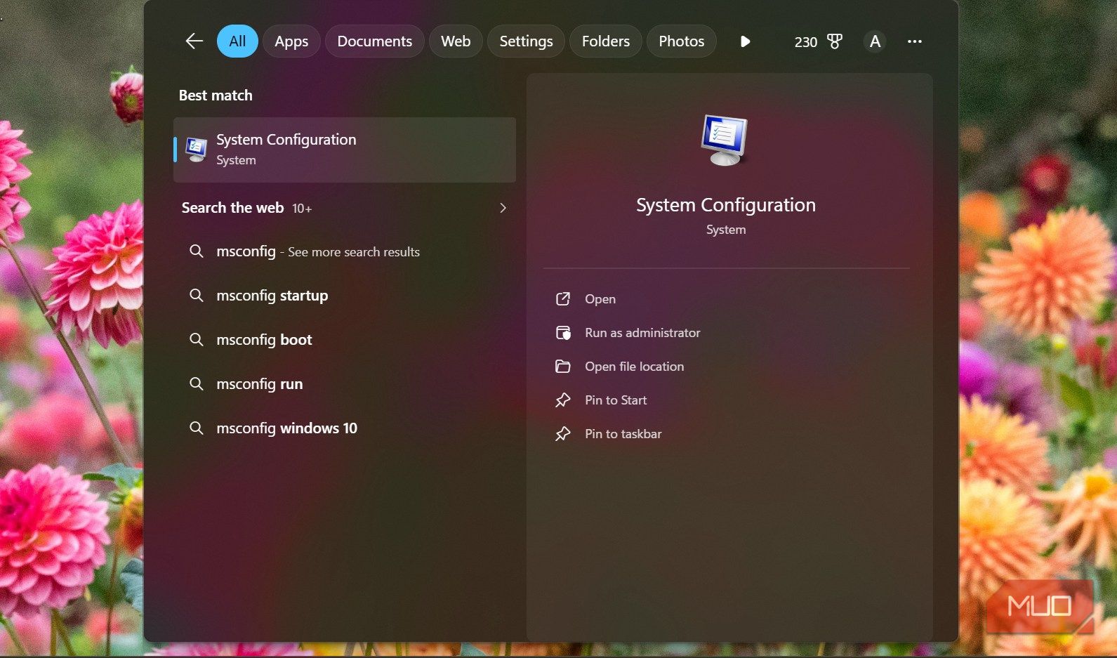 msconfig start menu option