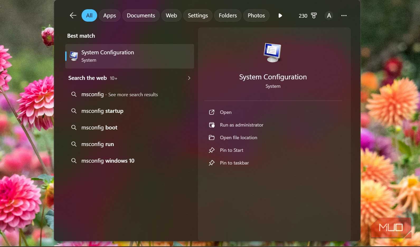 msconfig start menu option