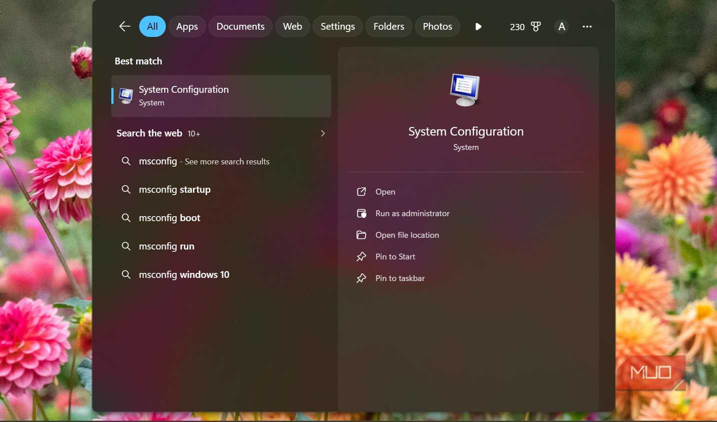 msconfig start menu option