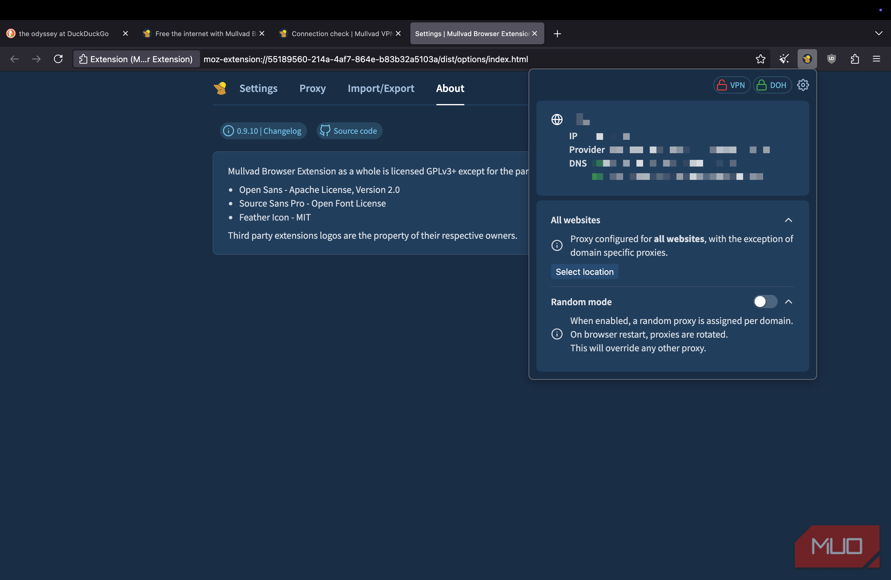 Mullvad browser displaying a page with connection information