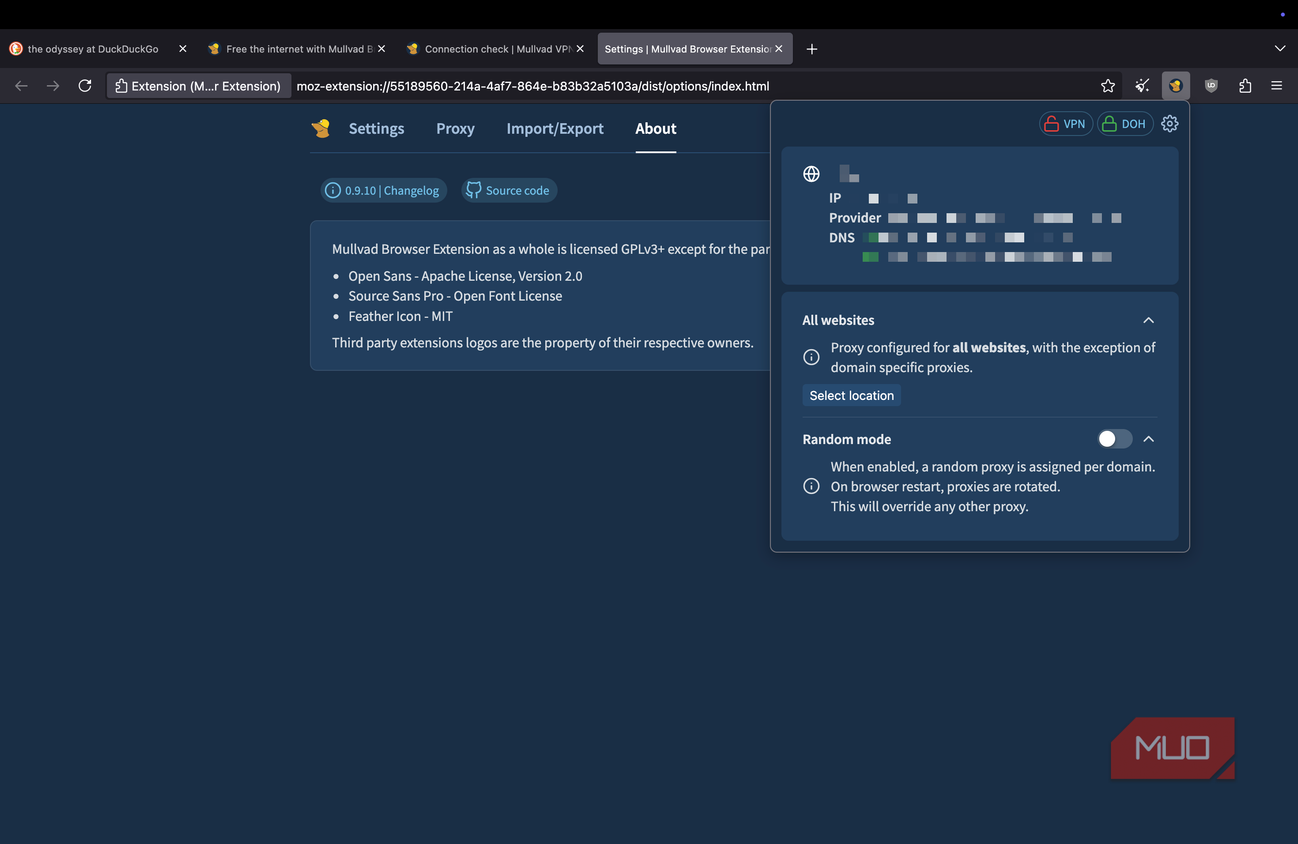 Mullvad browser displaying a page with connection information