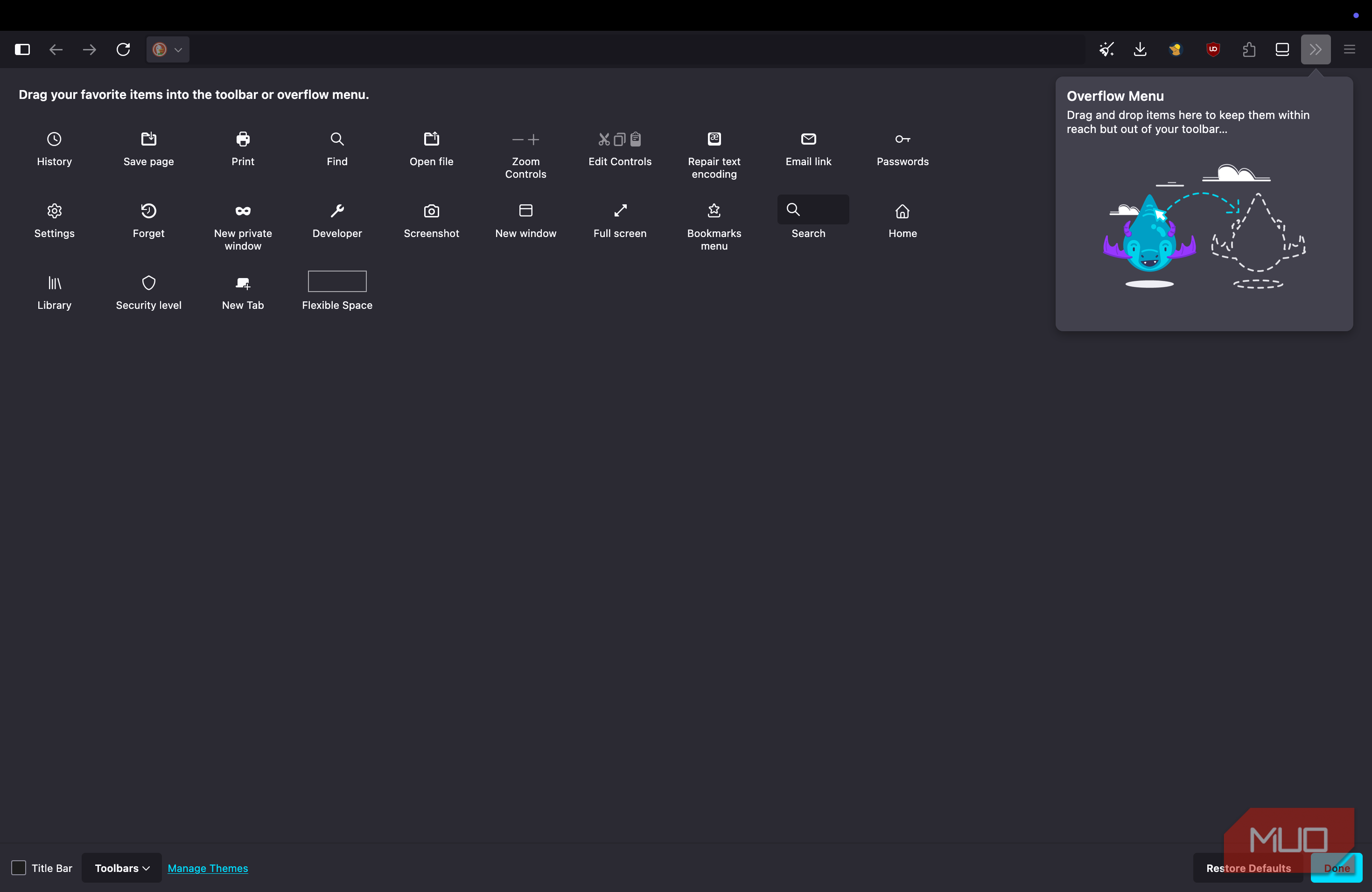 Mullvad browser showing the customization options