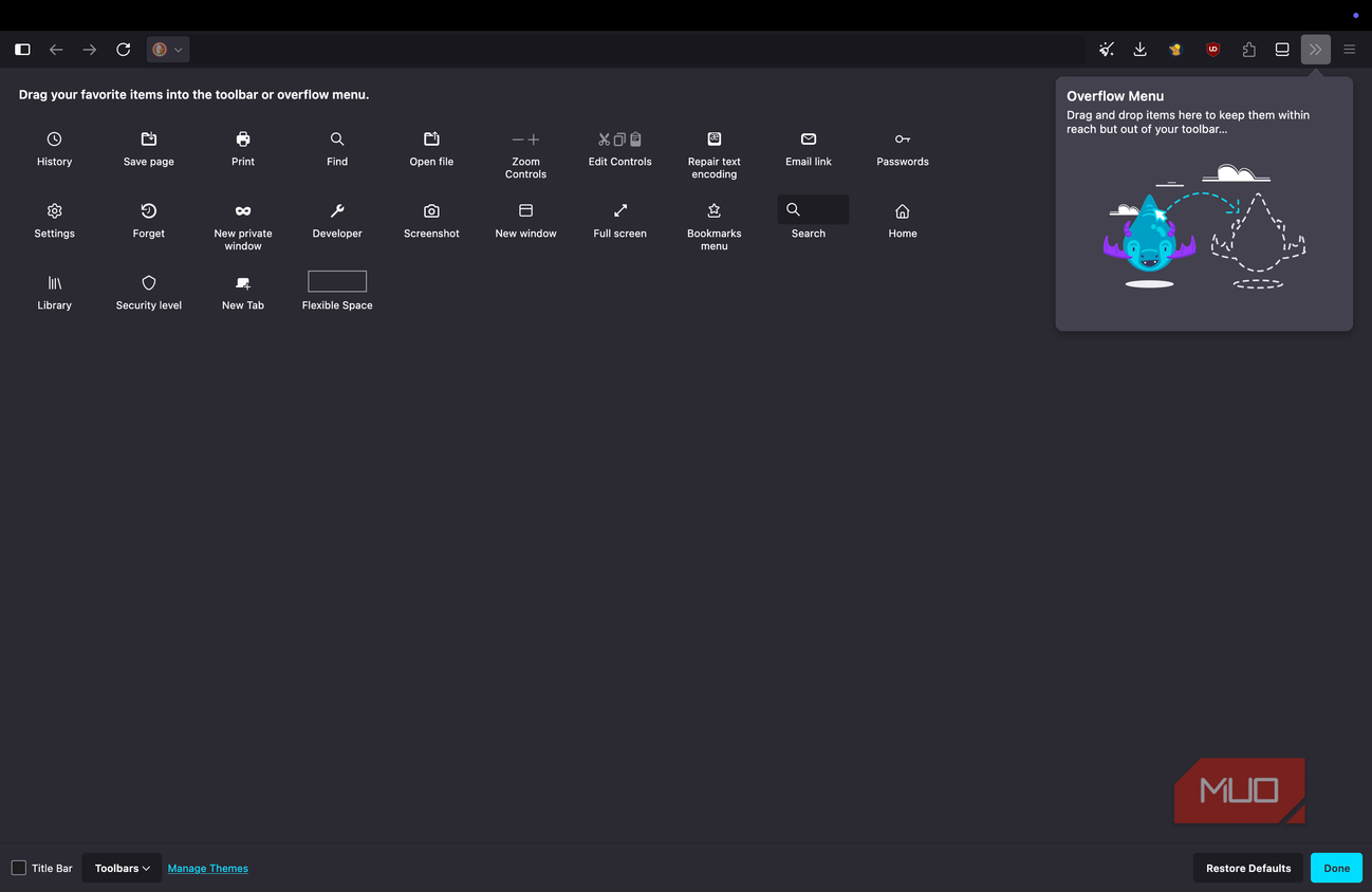 Mullvad browser showing the customization options