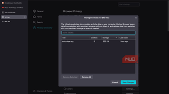 Mullvad browser showing data management options