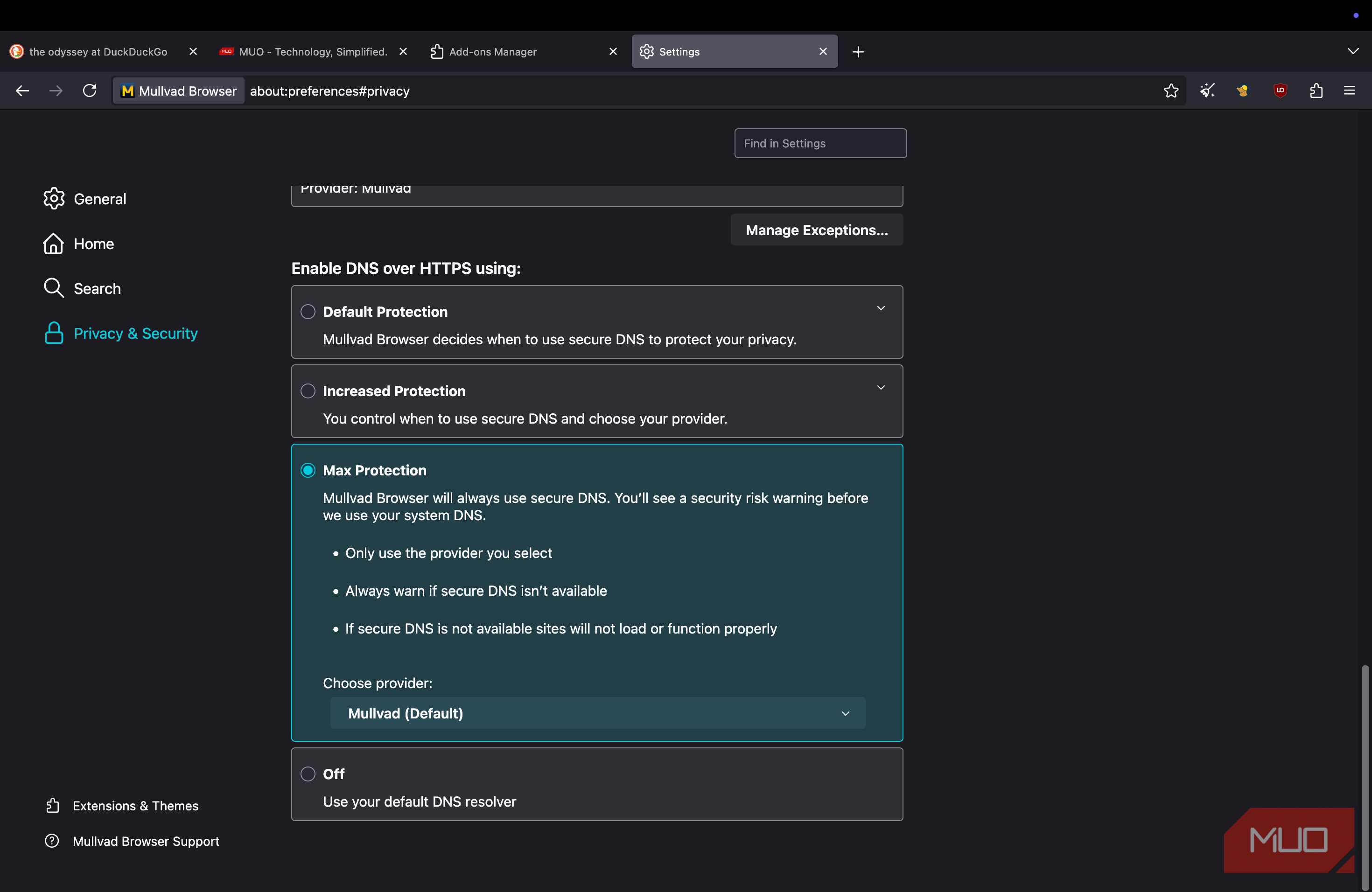 Mullvad browser showing DNS over HTTPS options