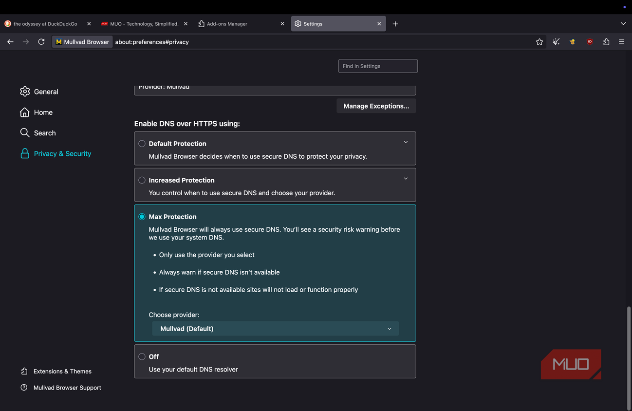 Mullvad browser showing DNS over HTTPS options